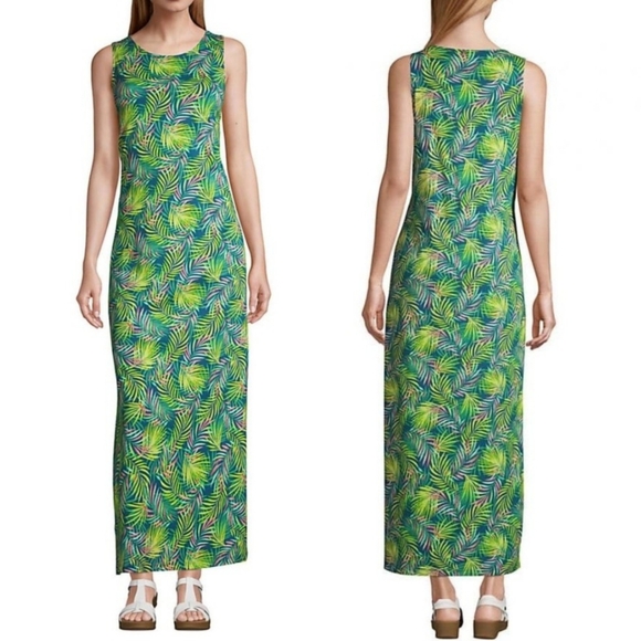 Lands' End Multi Color Tropical Palm Print Sleeveless Tank Maxi Dress Sz MP - Picture 1 of 14